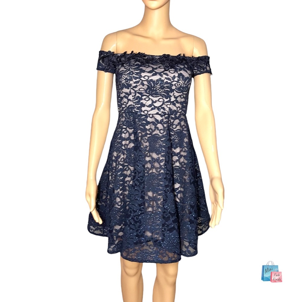 Sequin Hearts Off the Shoulder Navy Short Formal/cocktail Glitter Lace Dress 0